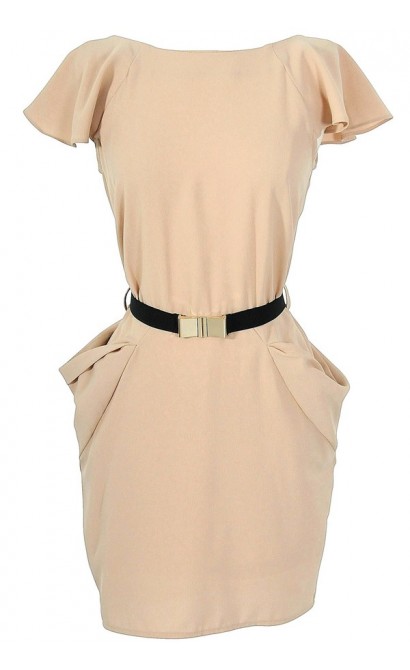 Taupe Belted Flutter Sleeve Dress with Dimensional Pockets